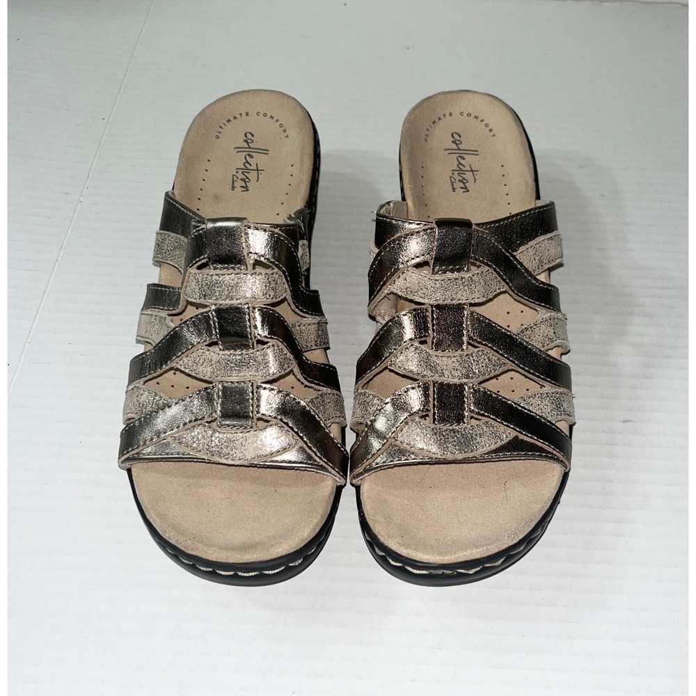 NWT Clarks Wedge Sandals Womens 10 Leather Metallic Strappy Slide Comfort